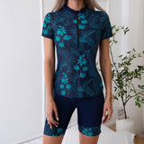 Damen Sportlicher Kurzarm Schwimmanzug mit floralem Design Drune – Dunkelblau