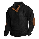 Herren nan grober Rippstrick-Pullover mit Stehkragen, Knopfleiste und markanten Ellenbogenpatches Drune – Schwarz
