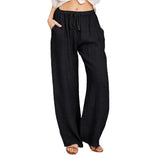 Damen nan weite Leinenhose mit elastischem Bund und Tunnelzug Drune – Schwarz