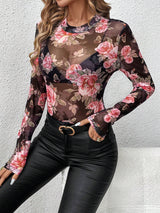 Mesh-Top mit Blumenmuster - Stehkragen und schmale Passform – Schwarz