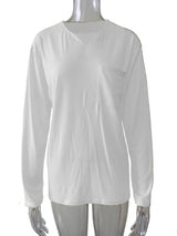 Damen nan legeres Langarmshirt mit V-Notch-Ausschnitt, Brusttasche und lockerer Oversize-Passform Drune – Weiß - mit Tasche, Langarm