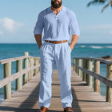 Herren nan elegante Leinenhose mit Bundfalten, geradem Bein und verdecktem Hakenverschluss Drune – Hellblau