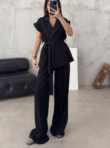 Damen Set aus Baumwollmix mit Gürtel und weiten Beinen – Sommerlich legerer Look – Schwarz