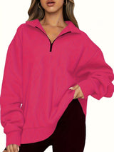 Damen nan Oversized Sweatshirt mit Kurzreißverschluss, Stehkragen und Kängurutasche Drune – Magenta