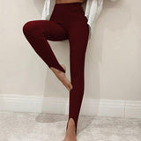 Damen nan figurschmeichelnde Rippstrick-Leggings mit Fußschlaufe und hoher Bundkompression Drune – Weinrot