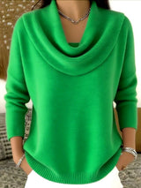 Damen nan fein gestrickter Pullover mit Wasserfallkragen und geripptem Saum Drune – Grün