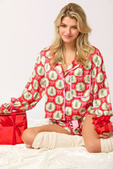 Damen nan verspieltes zweiteiliges Pyjama-Set mit Volantärmeln, Kordelzug und Brusttasche Drune – Rot