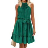 Elegantes Rundhalsausschnitt-Halterkleid - Sommerlicher Style – Dunkelgrün