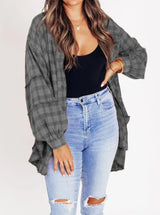 Damen nan oversized Karo-Überhemd mit Fransenbesatz, Brusttaschen und lockerer Passform Drune – Grau