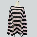 Damen nan Oversized Grobstrickpullover mit breiten Blockstreifen und aufgerissenem Design Drune – Schwarz-Pink (lang)