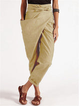 Damen nan Wickelhose aus Leinenmix mit hohem Taillenbund, überlappender Vorderseite und großzügiger Eingrifftasche Drune – Khaki