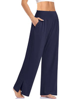 Damen nan weite Yogahose mit hohem Komfortbund, seitlichen Eingrifftaschen und seitlichem Bein-Schlitz Drune – Dunkelblau