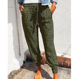 Damen nan lässige Leoparden-Print Jogginghose mit Tunnelzug, Eingrifftaschen und elastischen Bündchen Drune – Grün