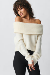 Damen nan Off-Shoulder Grobstrickpullover mit breitem Umschlagkragen und lässiger Oversize-Passform Drune – Cremeweiß