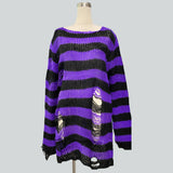 Damen nan Oversized Grobstrickpullover mit breiten Blockstreifen und aufgerissenem Design Drune – Lang Schwarz-Violett