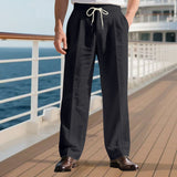 Herren nan elegante Leinenhose mit Bügelfalte Tunnelzugbund und weitem Bein Drune – Schwarz