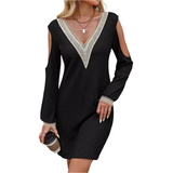 Kleid mit V-Ausschnitt und Spitzenbesatz – Eleganter Langarm-Stil für jeden Anlass – Schwarz