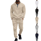 Herren nan Strick-Trainingsset mit halbem Reißverschluss, Zopfmuster-Pulli und Kordelzug-Jogger Drune – Khaki