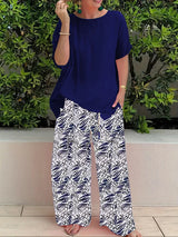 Damen Freizeit Zweiteiler mit Blumenmuster | Weite Hose – Blau