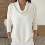 Damen nan fein gestrickter Pullover mit Wasserfallkragen und geripptem Saum Drune – Weiß