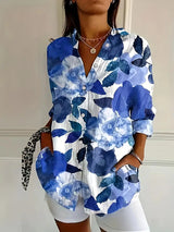 Samantha - Tropical Floral Button Down Bluse – Blau