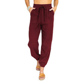 Damen nan leichte Leinenoptik Freizeit-Hose mit hohem elastischem Bund, Kordelzug, aufgesetzten Taschen und elastischen Knöchelbündchen Drune – Weinrot