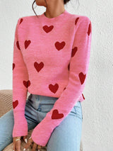Damen nan kaschmirähnlicher Feinstrickpullover mit Allover-Herzmotiv, Rundhalsausschnitt und verlängerten Bündchen Drune – Rosa