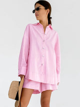 Damen Baumwollset mit Oversized-Bluse und lockerer Hose – Rosa