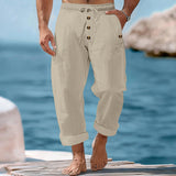 Herren nan lässige atmungsaktive Leinenhose mit Kordelzug Knopfleiste und aufgerollten Bündchen Drune – Khaki