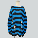 Damen nan Oversized Grobstrickpullover mit breiten Blockstreifen und aufgerissenem Design Drune – Lang Schwarz-Blau