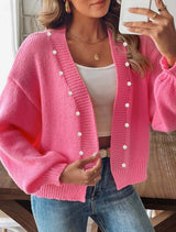 Damen nan Strickcardigan mit Perlenknöpfen und Balloon-Ärmeln Drune – Dunkelrosa