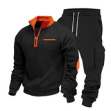 Herren nan Sweatset mit halbem Reißverschluss, Brusttasche und Cargo-Jogger Drune – Schwarz