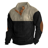 Herren nan grober Rippstrick-Pullover mit Stehkragen, Knopfleiste und markanten Ellenbogenpatches Drune – Khaki + Schwarz
