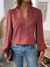 Damen nan Spitzenapplikation V-Ausschnitt Bluse mit Strukturpunkt, gerafften Manschetten und leicht taillierter Silhouette Drune – Weinrot