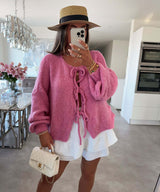 Einfarbiger Rundhals-Lace-Up-Cardigan – Rosarot