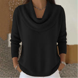 Damen nan fein gestrickter Pullover mit Wasserfallkragen und geripptem Saum Drune – Schwarz