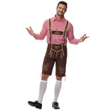 Herren nan traditionelle Trachtenlederhose mit Hosenträgern und Stickereien Drune – Rotes Oberteil + braune Hose