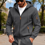 Herren nan Kapuzen-Sweatjacke mit durchgehendem Reißverschluss, mehreren Reißverschlusstaschen und Ärmel-Pocket Drune – Dunkelgrau