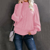 Damen nan Zopfmuster-Strickpullover mit Rollkragen und Ballonärmeln Drune – Rosa
