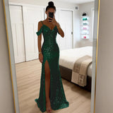 Pailletten Maxikleid mit Schlitz – Elegantes Sommer Abendkleid – Dunkelgrün