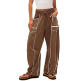 Damen nan weite Lounge-Hose mit Kordelzug, Kontrastpaspelierung und Cargo-Taschen Drune – Dunkelbraun