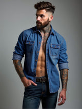 Herren lässige Denim-Hemdjacke mit zwei aufgesetzten Taschen Aliams – Blau