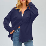 Damen nan oversized Waffelstrick Hemdjacke mit Brusttaschen und Knopfleiste Drune – Dunkelblau