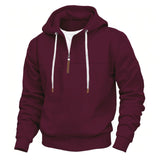 Herren nan Kapuzenpullover mit halbem Reißverschluss, weichem Innenfutter und Leder-Details Drune – Weinrot