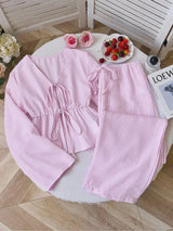 Damen nan gestreiftes Leinenähnliches Homewear-Set mit gerafftem Tunnelzugoberteil und elastischer Bundhose Drune – Rosa