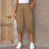 Damen nan lässige dreiviertellange Hose mit elastischem Bund, Eingrifftaschen und krempelbarem Saum Drune – Khaki