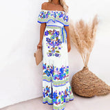 Langes Kleid für Frauen mit geschnürter Taille und Blumendruck - Oralithea – Weiß/Blau