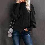 Damen nan Zopfmuster-Strickpullover mit Rollkragen und Ballonärmeln Drune – Schwarz