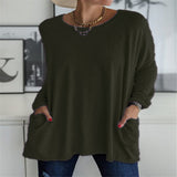 Damen nan oversized Longsleeve-Tunika mit Rundhalsausschnitt, überschnittener Schulter und aufgesetzten Taschen Drune – Militärgrün