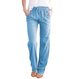Damen nan leichte Leinenhose mit elastischem Bund Tunnelzug und weitem Bein Drune – Hellblau